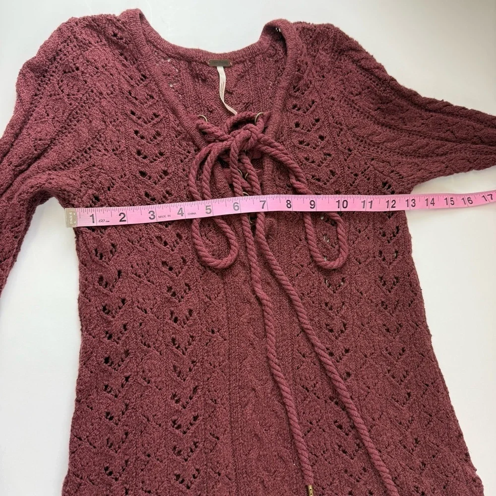 Free People Sweater Womens Small Maroon See Through Knit Lace Up Vneck